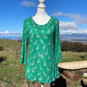 ANTHROPOLOGIE Postmark Green Bunny Rabbit Blouse M